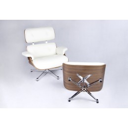 Fotel LOUNGE VA PREMIUM SZEROKI biały z podnóżkiem - sklejka orzech, skóra naturalna