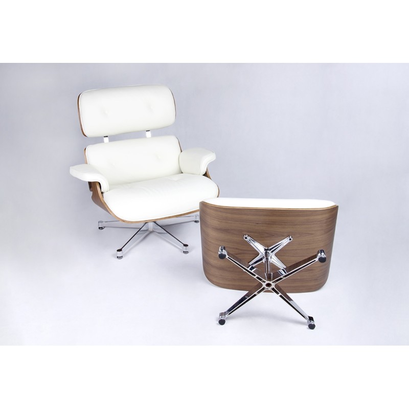 Fotel LOUNGE VA PREMIUM SZEROKI biały z podnóżkiem - sklejka orzech, skóra naturalna