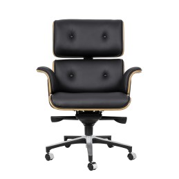 Fotel biurowy LOUNGE BUSINESS czarny - sklejka orzech, skóra naturalna, stal polerowana