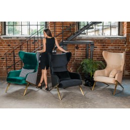 Fotel HAMPTON VELVET czarny, ekoskóra czarna - złota podstawa