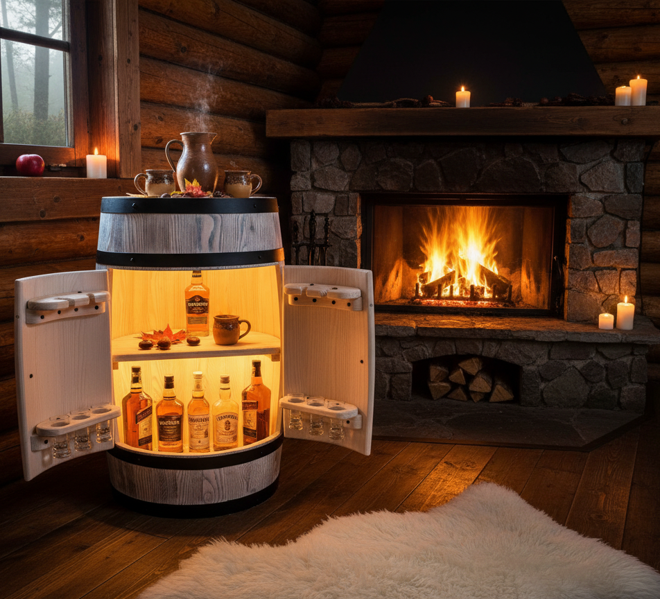 Wnętrze drewnianej beczki-barku z miejscem na butelki i akcesoria.