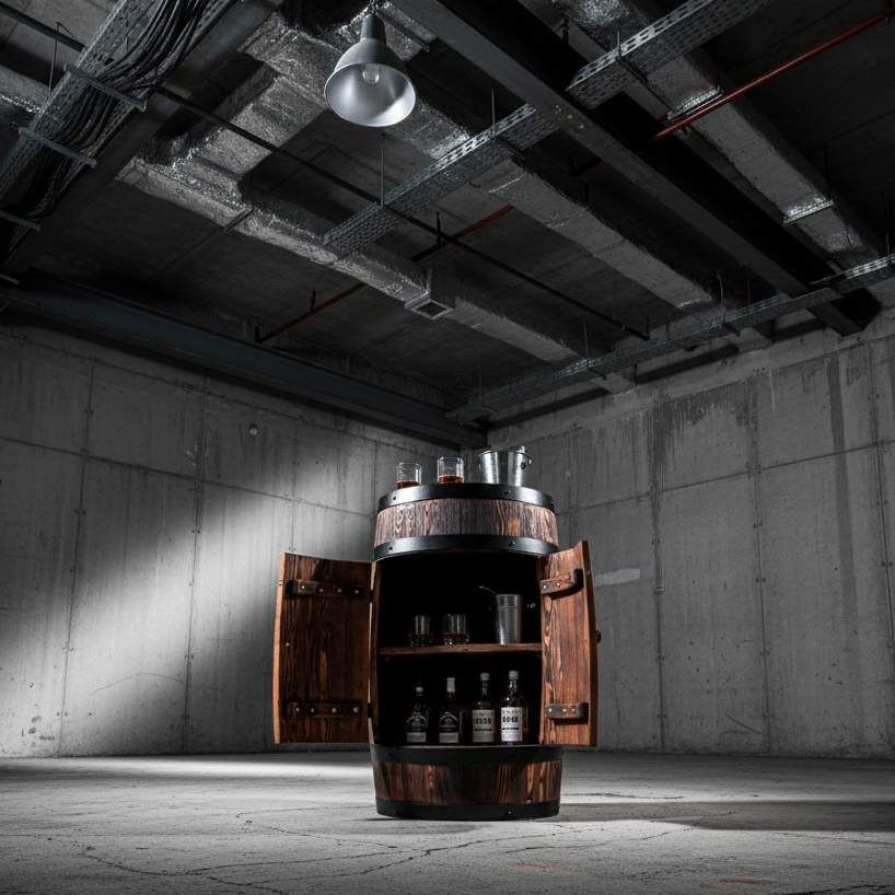 Drewniana beczka-barek jako elegancki prezent dla mężczyzny w jego gabinecie.